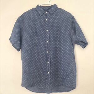 Frank & Eileen Linen Short Sleeve Button Down Shirt Polka Dot Blue Wmn Med Italy